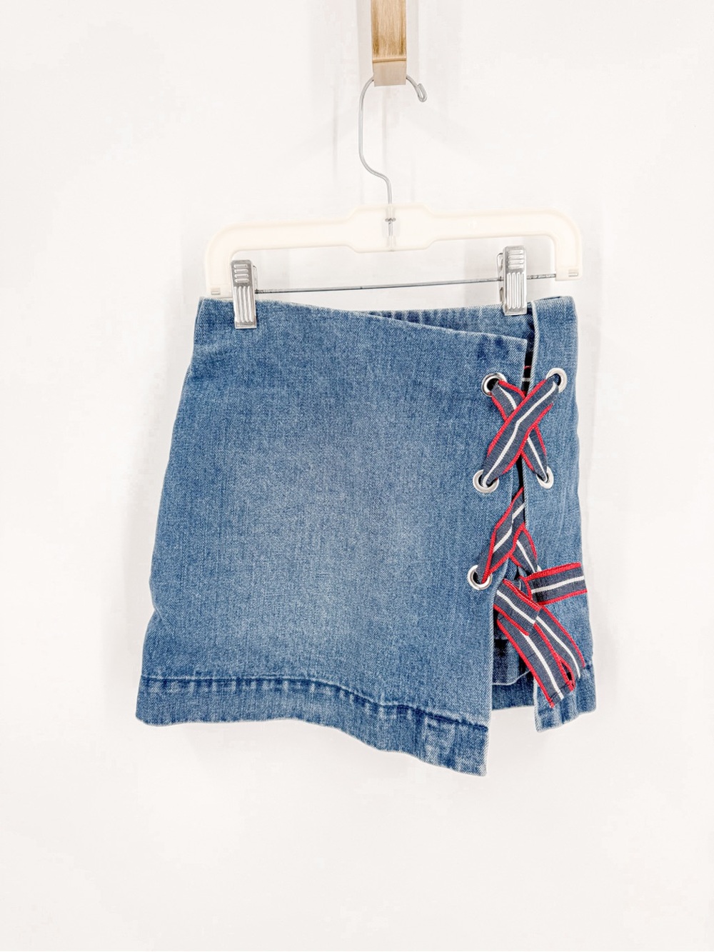 Habitual Blue Denim Mini Skirt with Red Accent Lace-Up